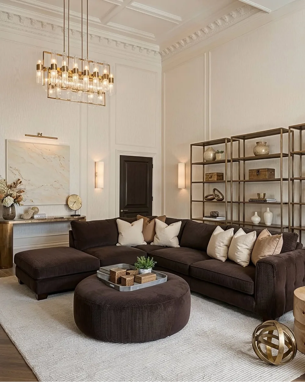 Dark brown sectional sofa with cream pillows, white walls, and brass lighting