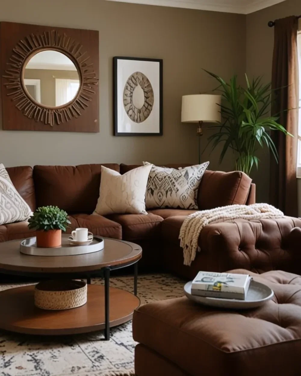 Chocolate brown sectional with cream pillows, wood tables, and warm neutral decor