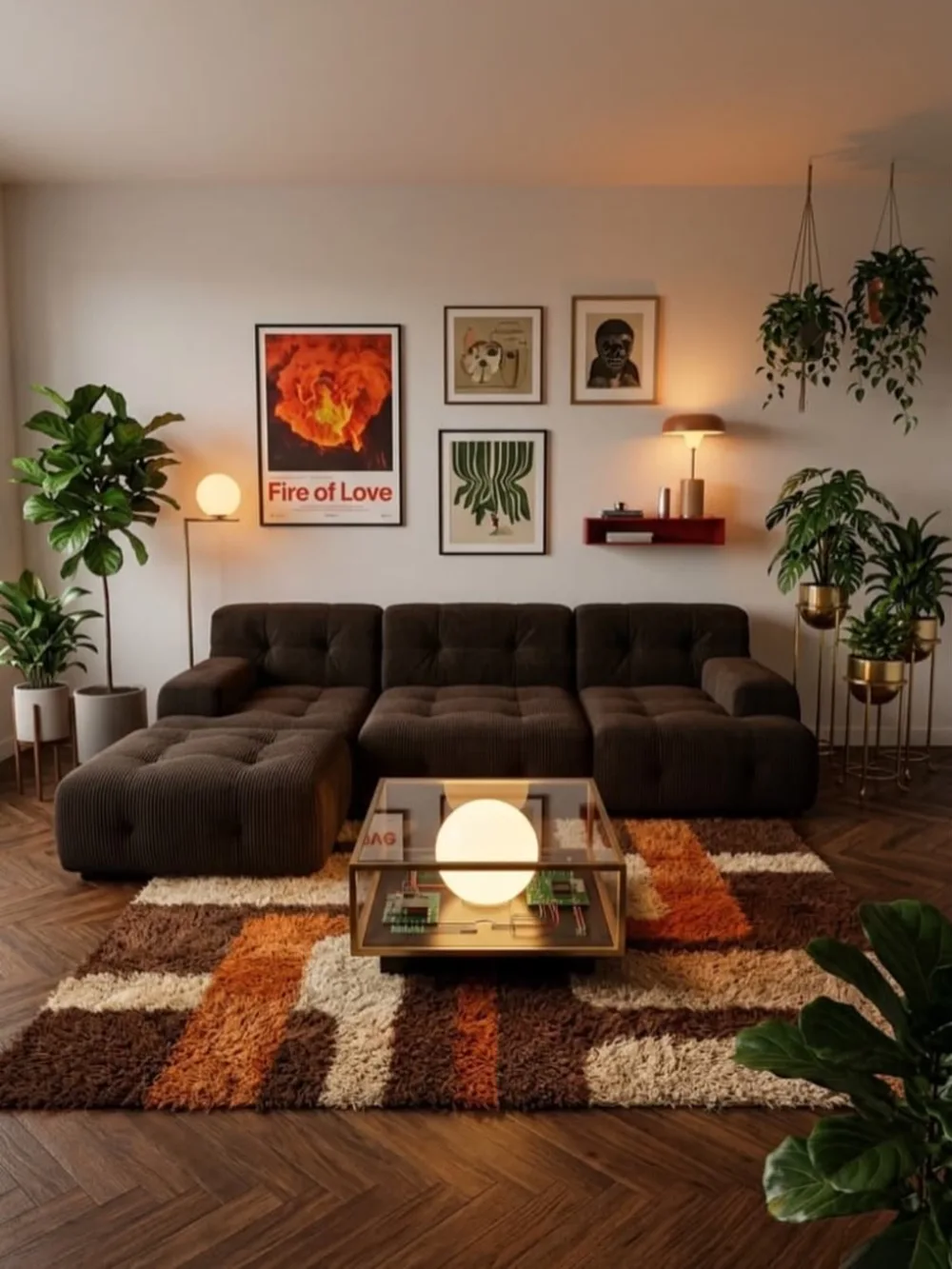 Dark brown curved sofa with a plush cream rug, tropical plants, and warm wood furniture