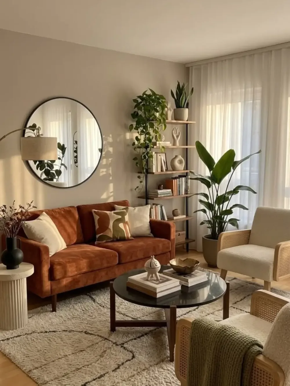 Rust brown sofa in a warm neutral living room with plants, wood shelves, and cream chairs