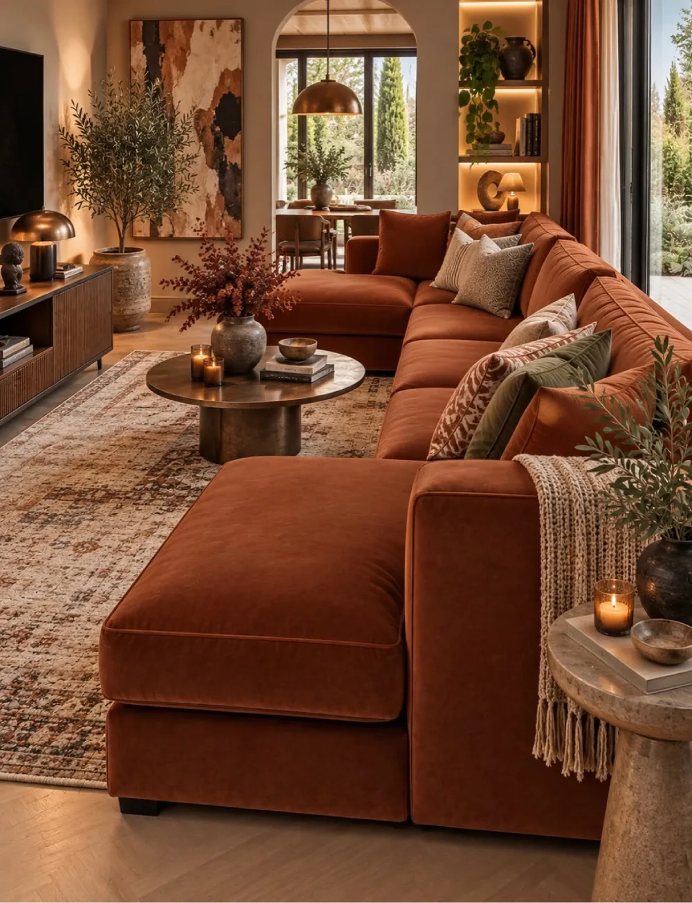 Rust brown sectional sofa with layered pillows, warm lighting, and an earthy patterned rug