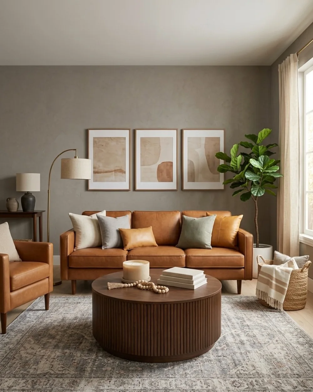 Cognac leather sofa with neutral pillows, wood coffee table, and soft abstract artwork