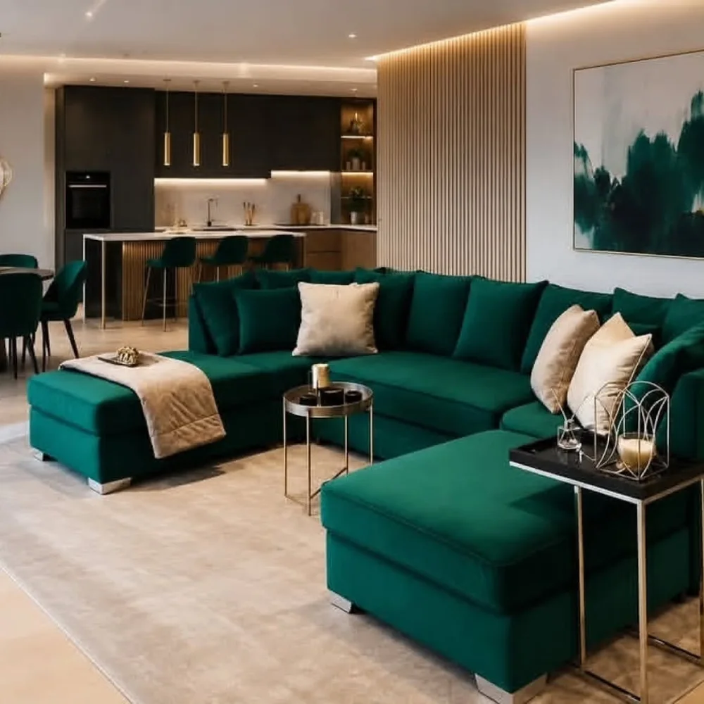 Deep teal green sectional sofa with cream pillows in an open-plan modern living room