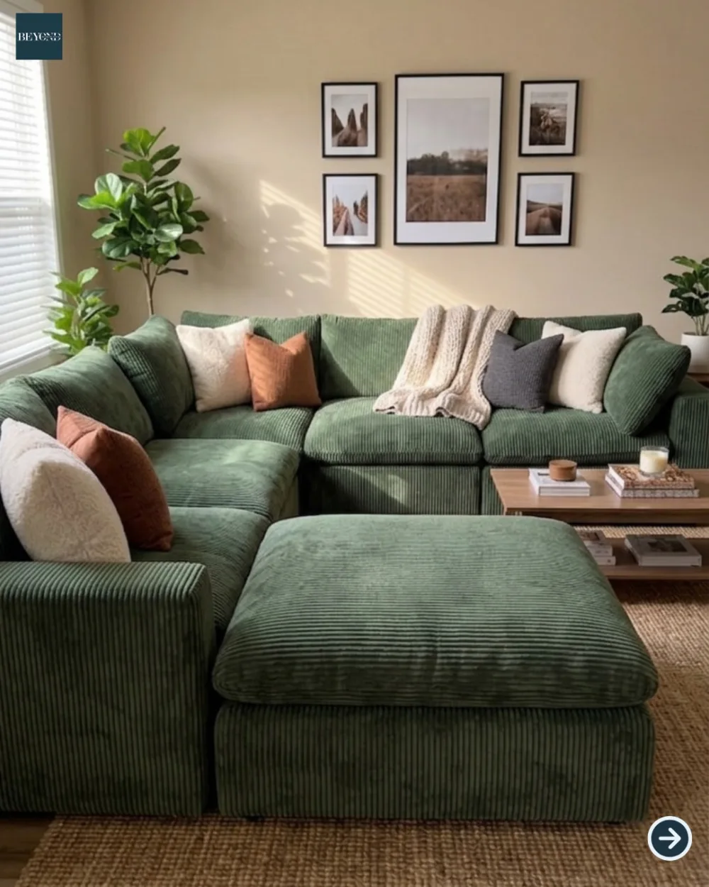 Sage green corduroy sectional with oversized ottoman and neutral pillows