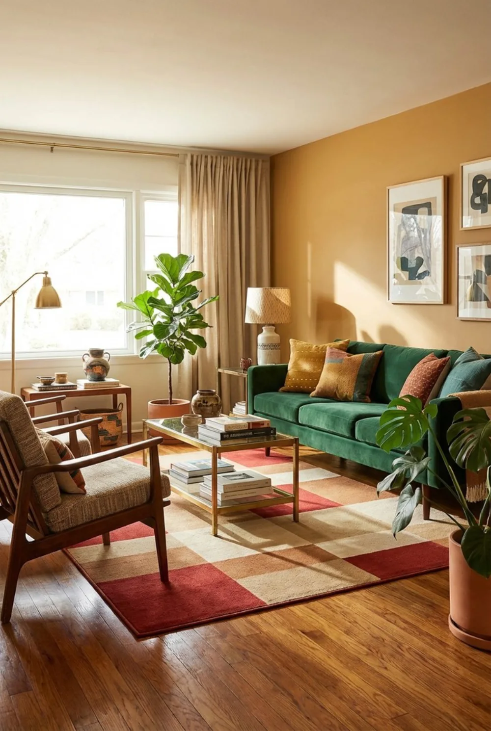 Green sofa in a warm living room with wood furniture and colorful rug