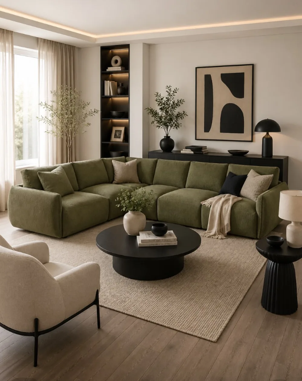 Muted olive green sectional with beige decor and black accents