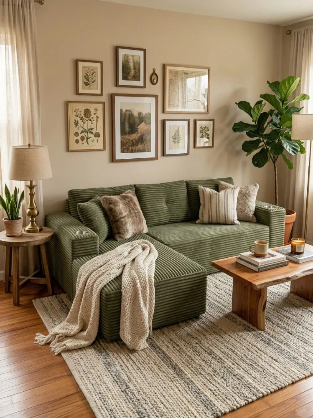 Olive green corduroy sectional with neutral pillows and natural wood accents