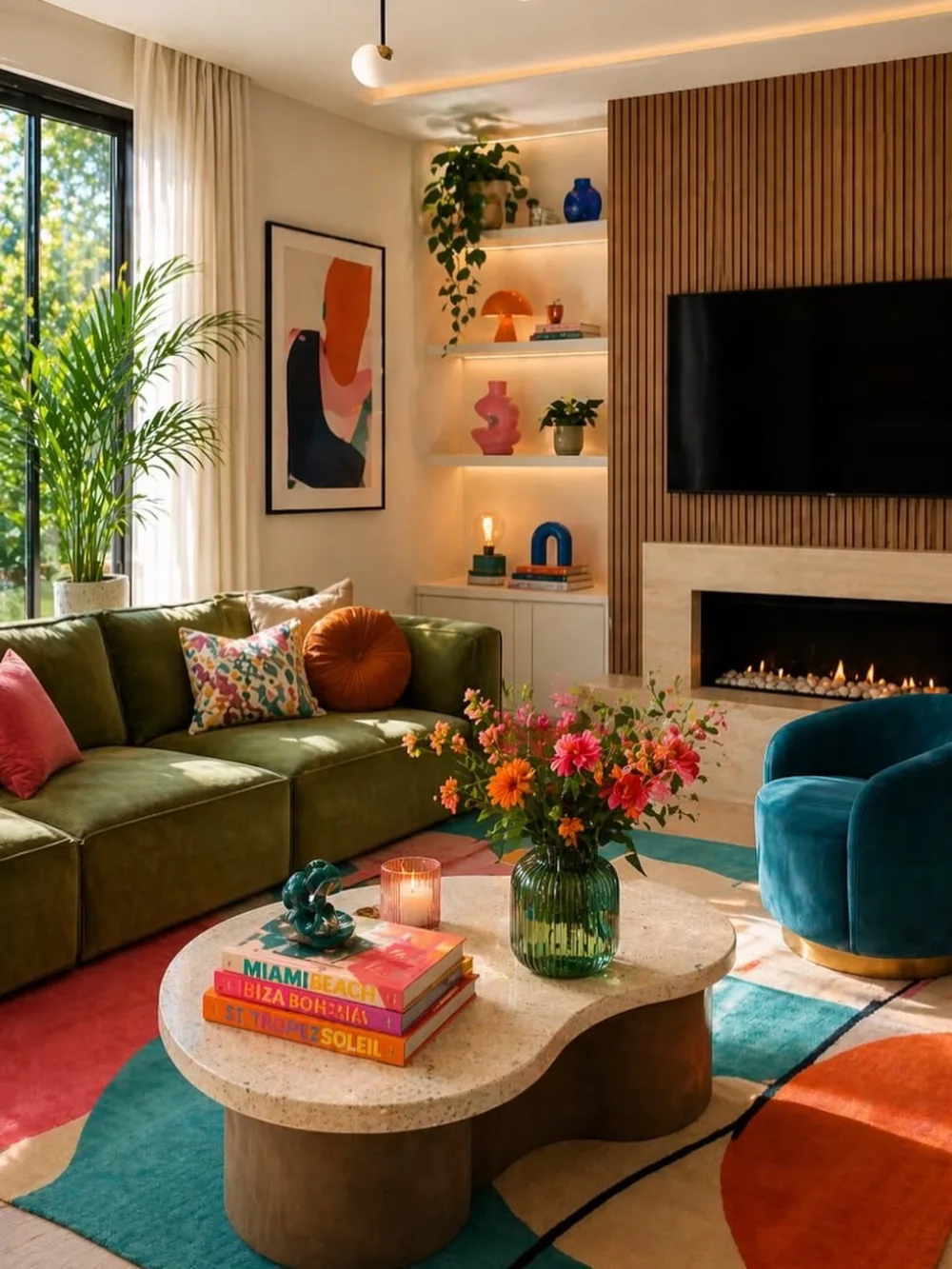 Green sofa in a colorful living room with orange and turquoise accents