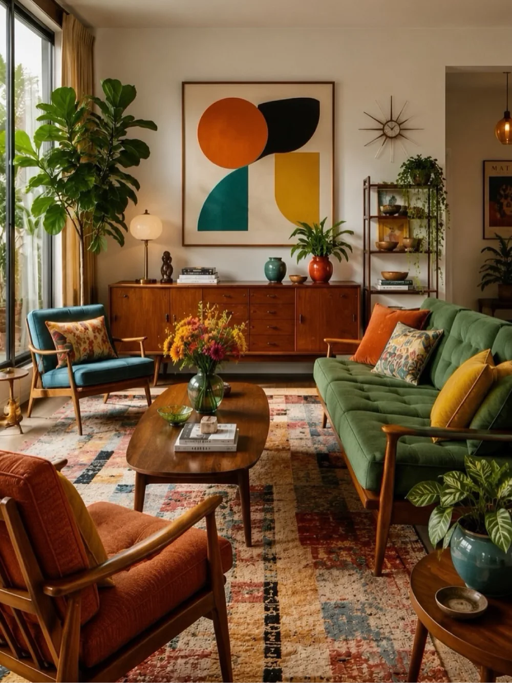 Green sofa with midcentury wood furniture and colorful abstract artwork