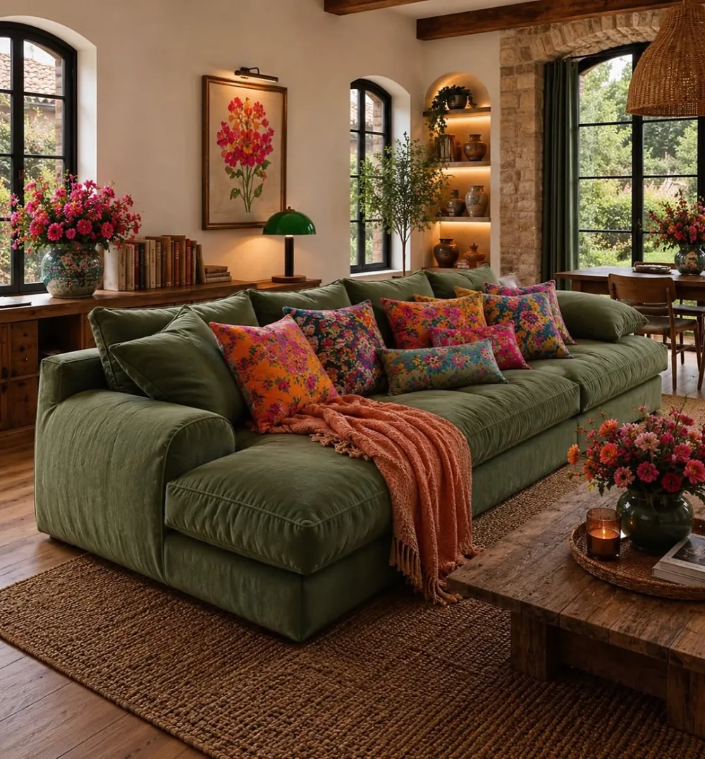 Olive green sofa with colorful floral pillows in a warm rustic living room