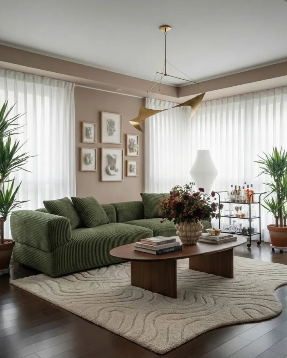Green corduroy sofa with sculptural coffee table and neutral decor