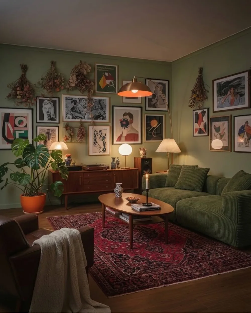 Olive green sofa in a moody living room with gallery wall and vintage rug