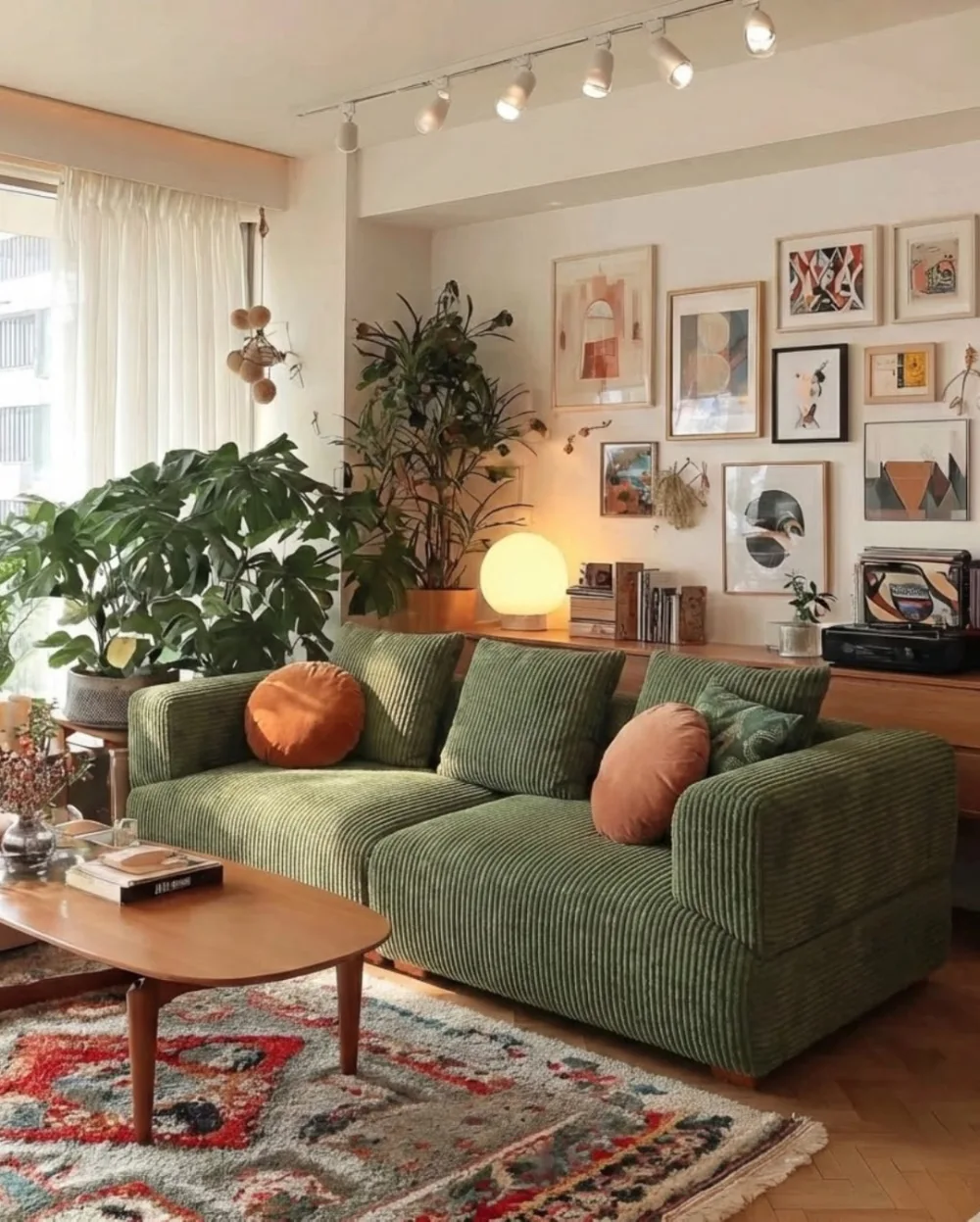 Olive green corduroy sofa with terracotta pillows and a colorful vintage rug