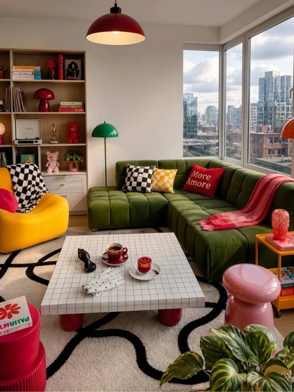 Olive green sectional with colorful furniture and playful decor in a modern living room