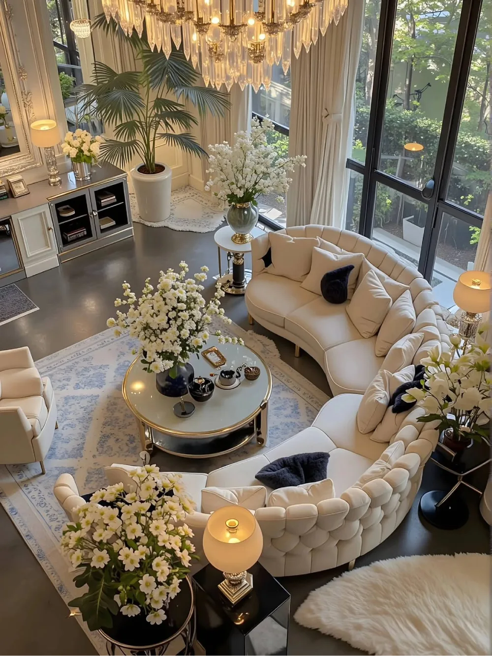 elegant cream living room with curved sofas, crystal chandelier, large windows, and floral arrangements