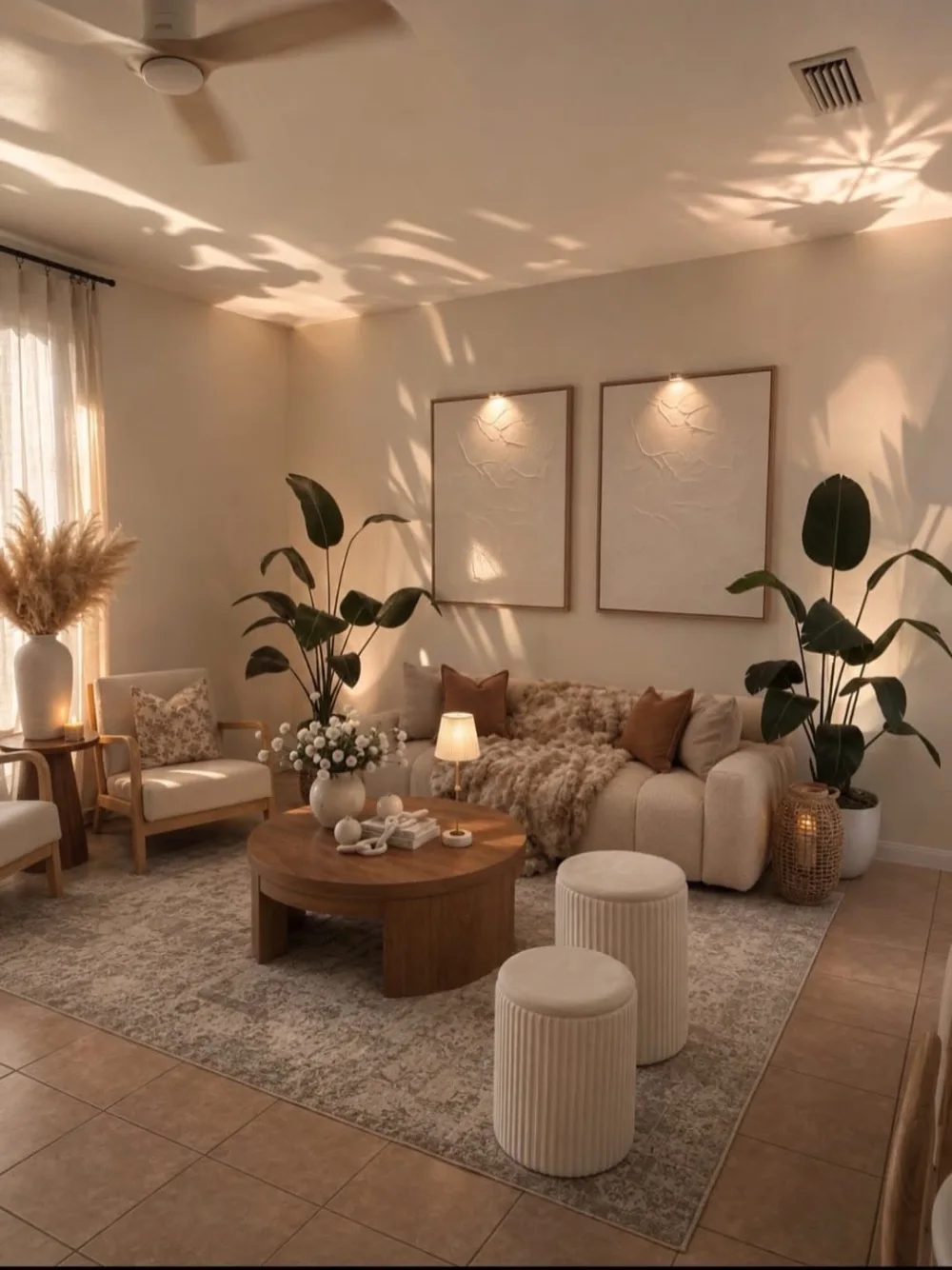 warm earthy living room with beige sectional, wood coffee table, plants, and natural light