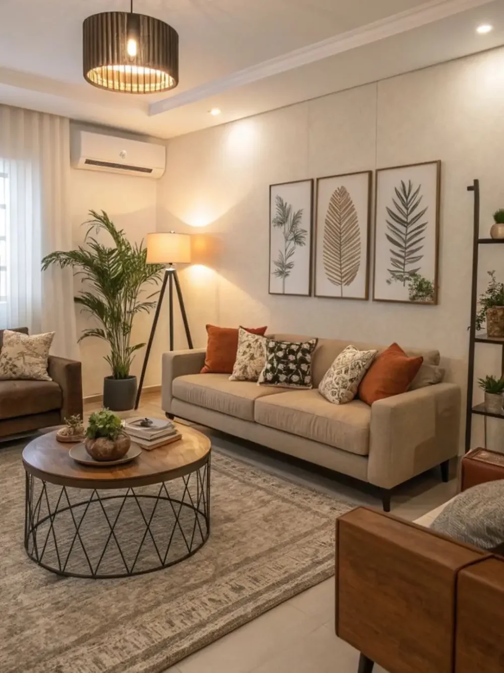 warm neutral living room with botanical artwork, orange pillows, plants, and wood furniture