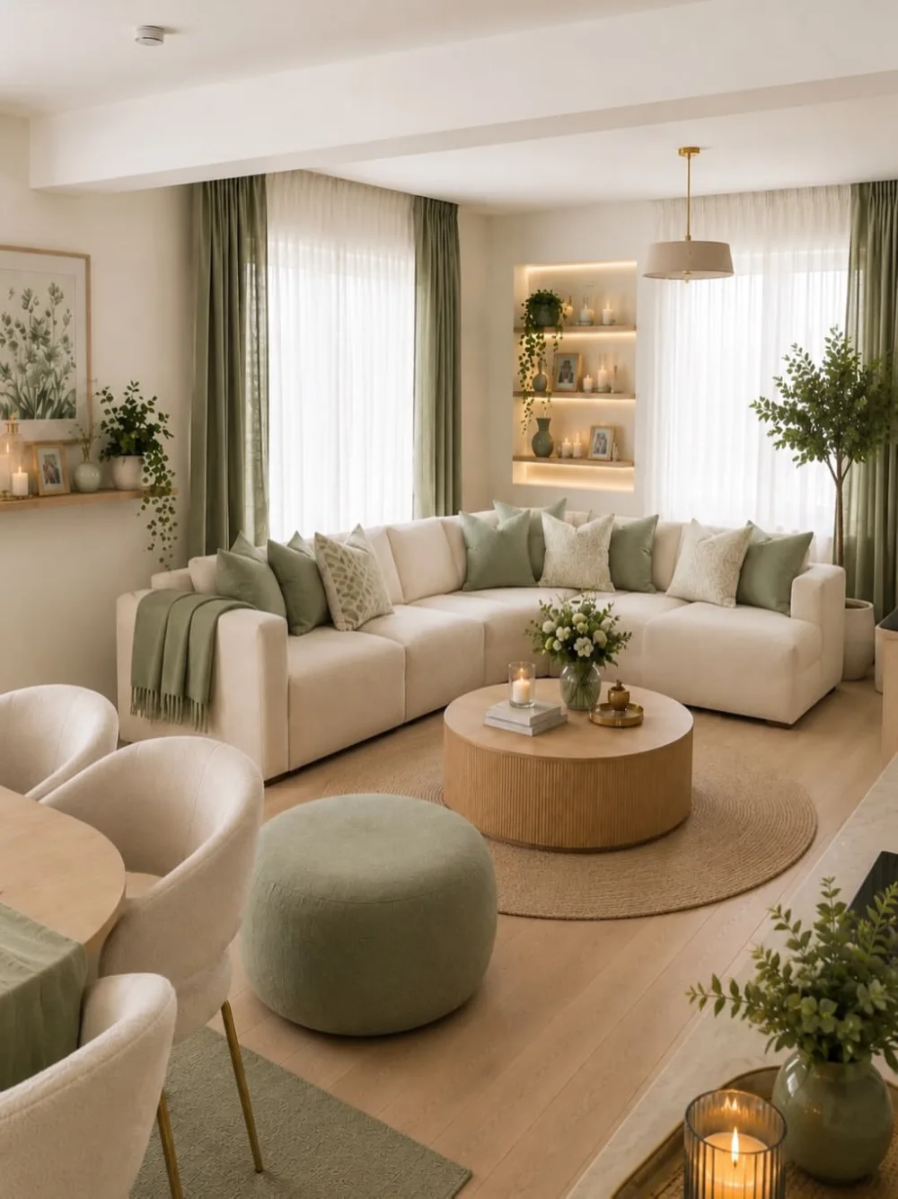 cozy living room with cream sectional sofa, sage green accents, round coffee table, and plants