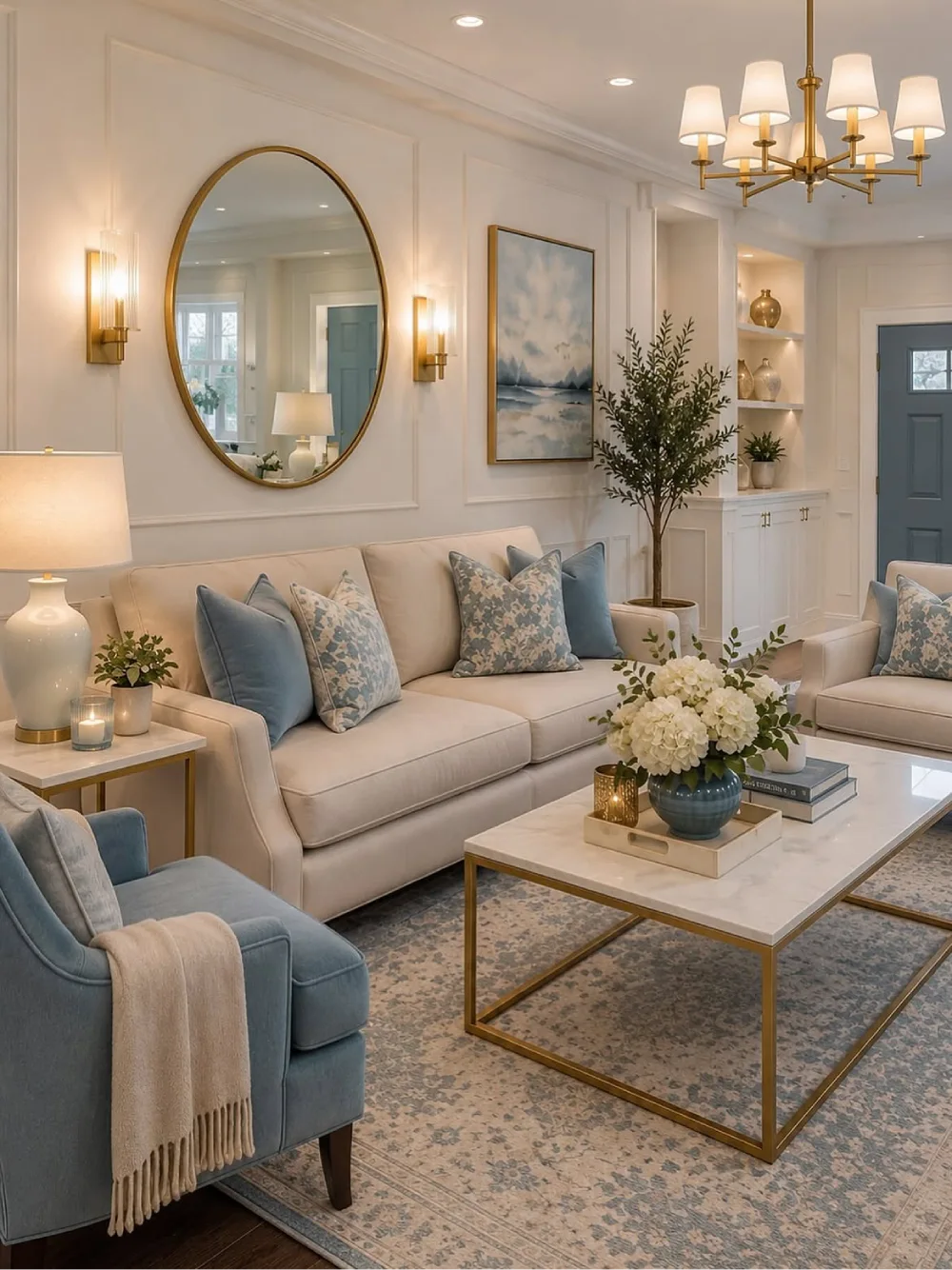 classic cream living room with blue accent chairs, floral pillows, and gold details