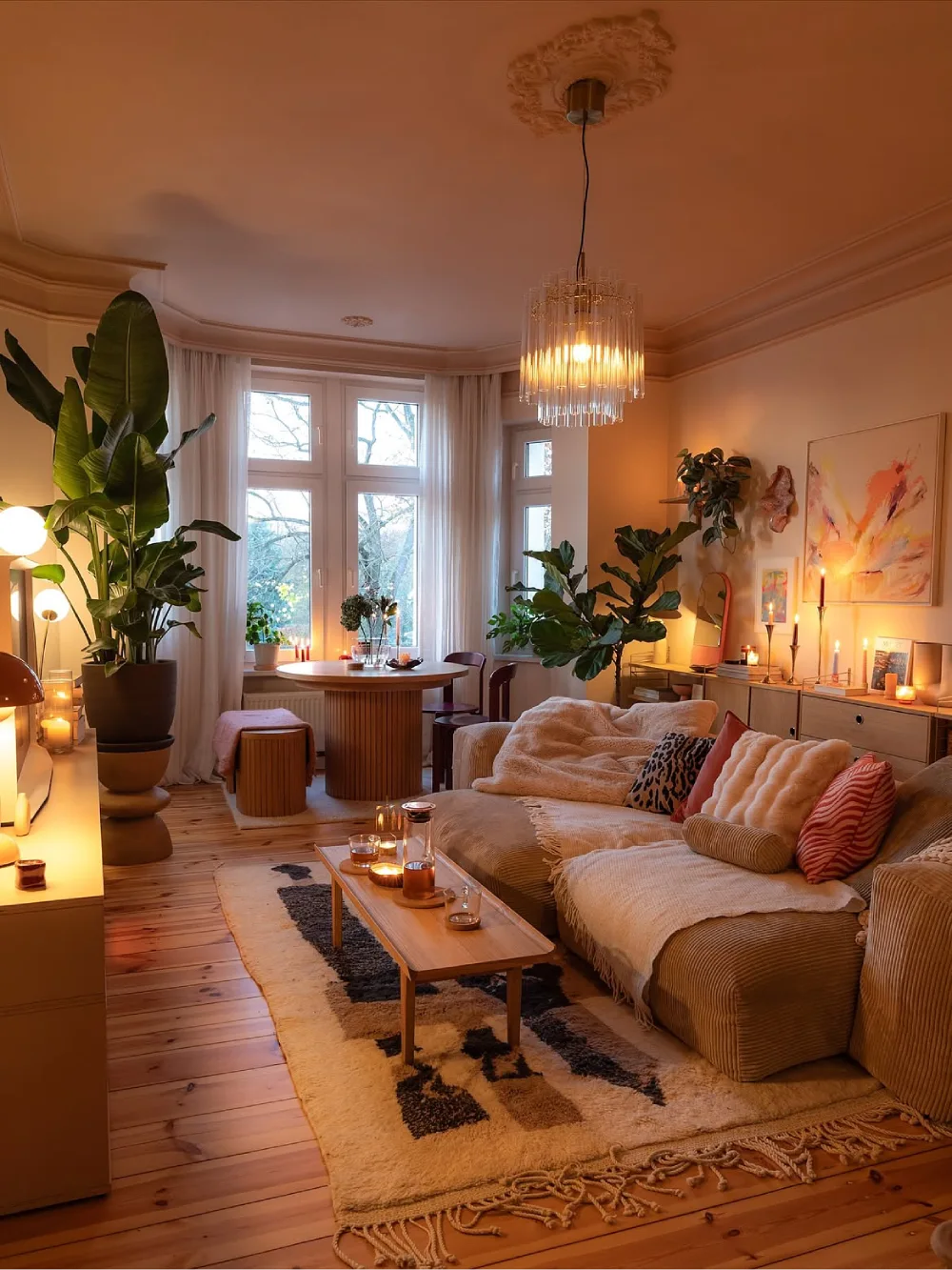 Warmly lit living room with a large sofa, indoor plants, candles, and soft layered lighting