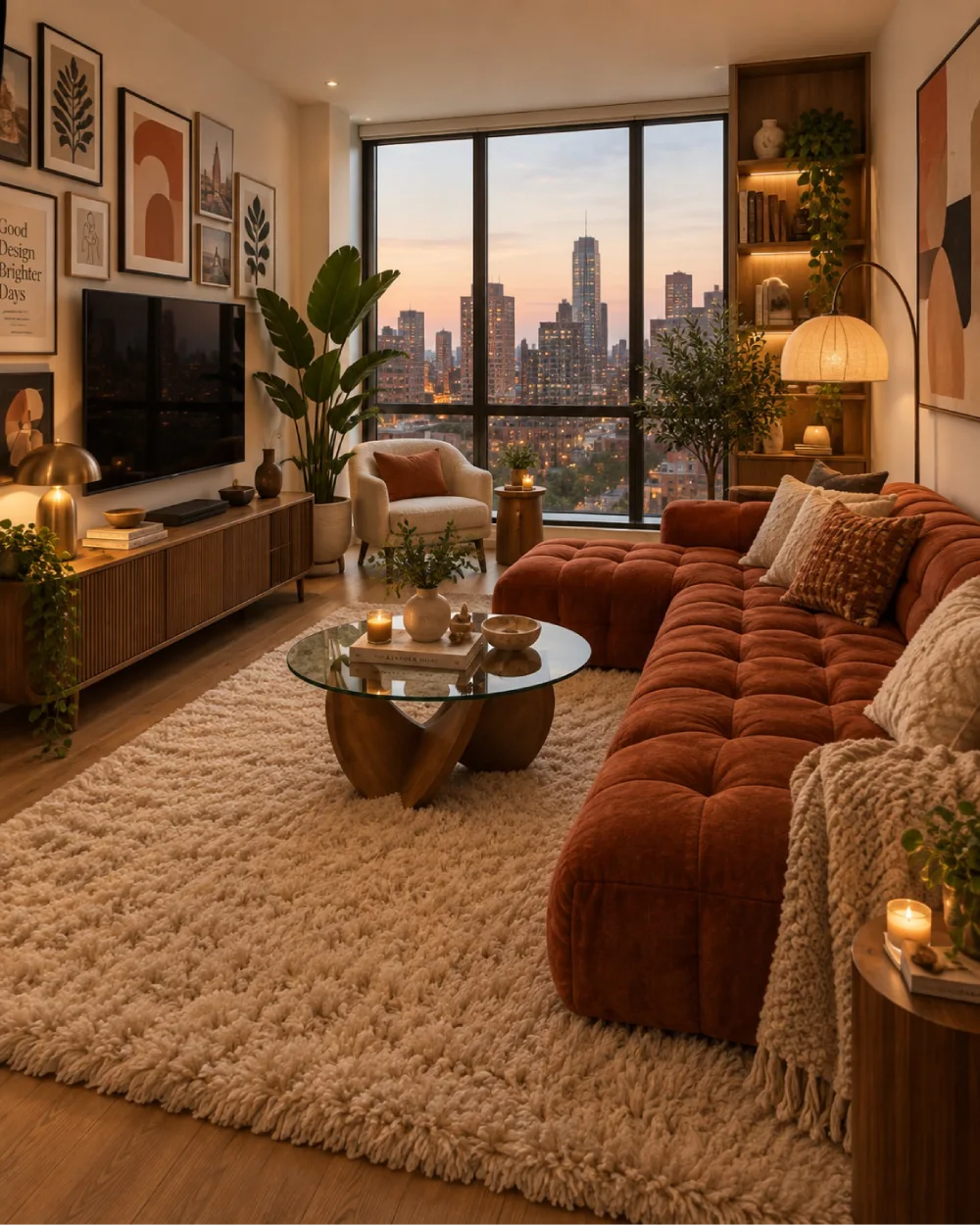 Warm apartment living room with rust-colored sectional, fluffy rug, plants, and city view