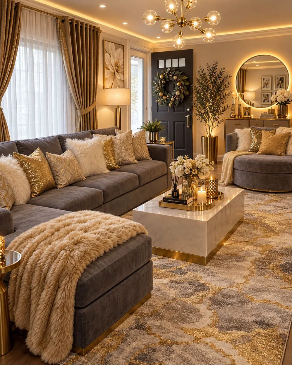 Elegant neutral living room with gray sofas, gold accents, plush pillows, and warm lighting