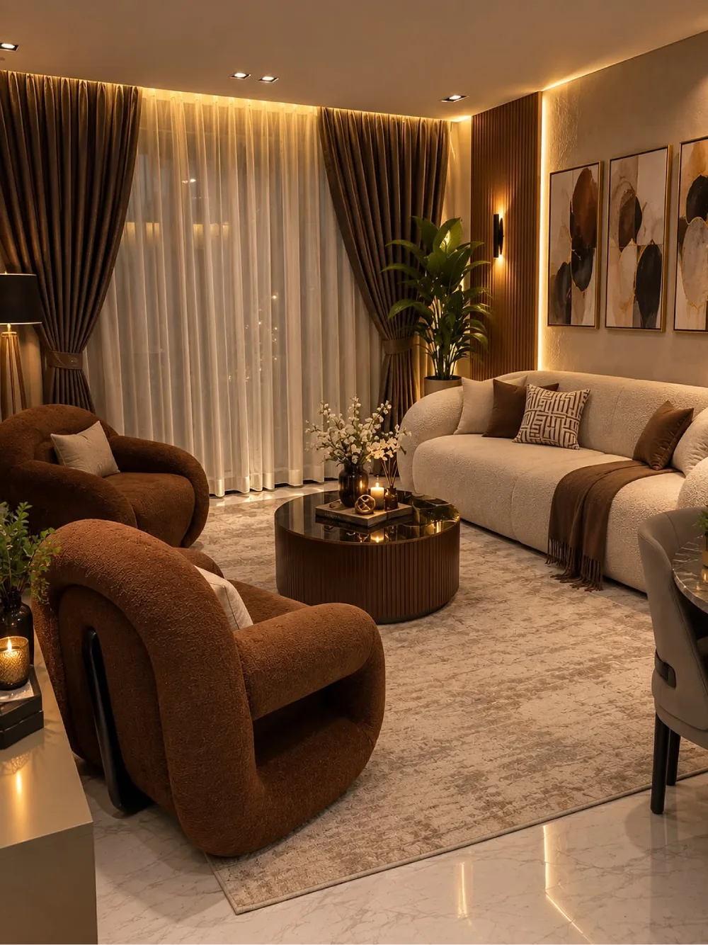 Warm living room with cream sofa, brown lounge chairs, soft lighting, and neutral artwork
