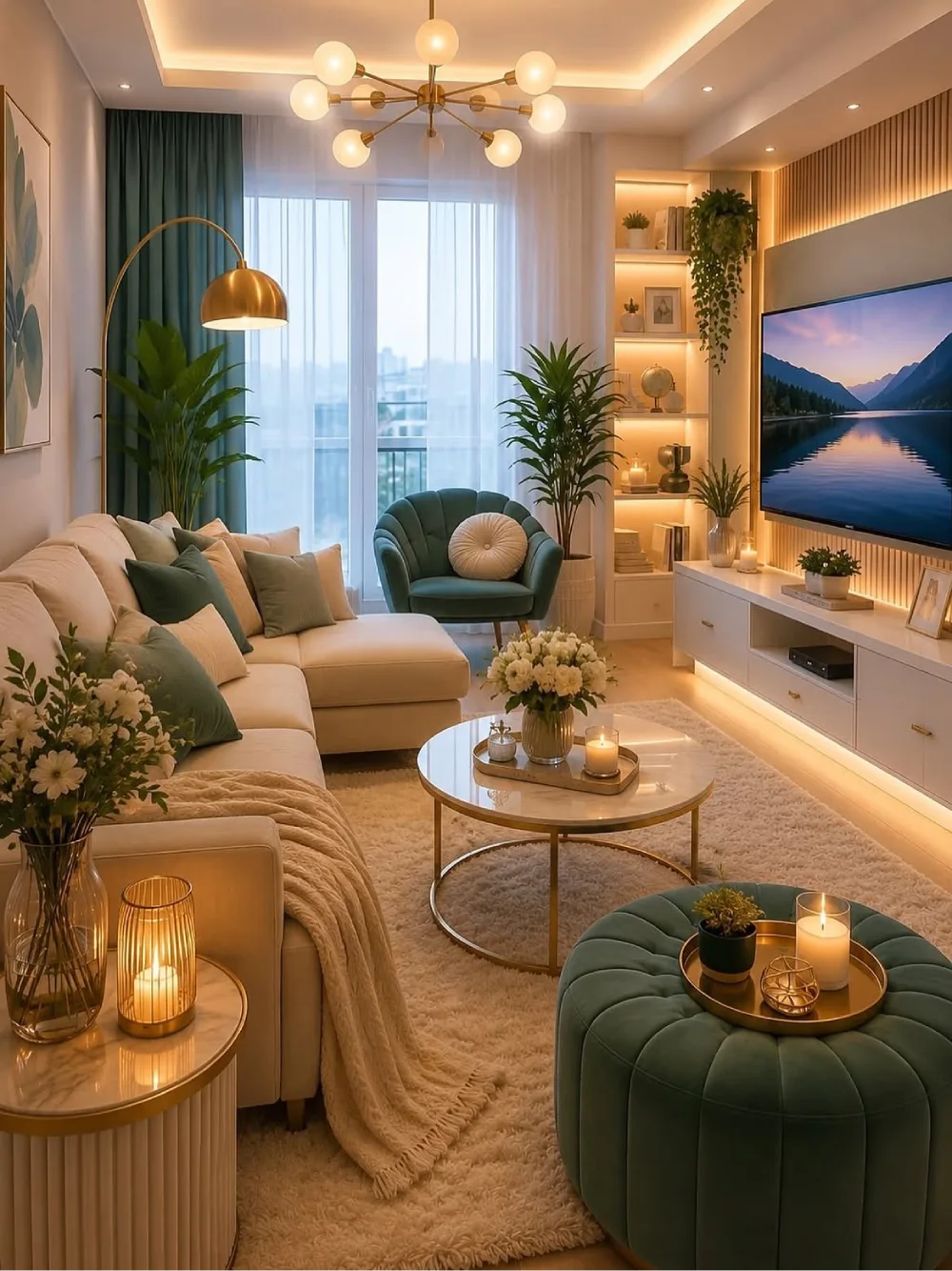 Cream living room with green accents, plants, soft rug, and warm layered lighting