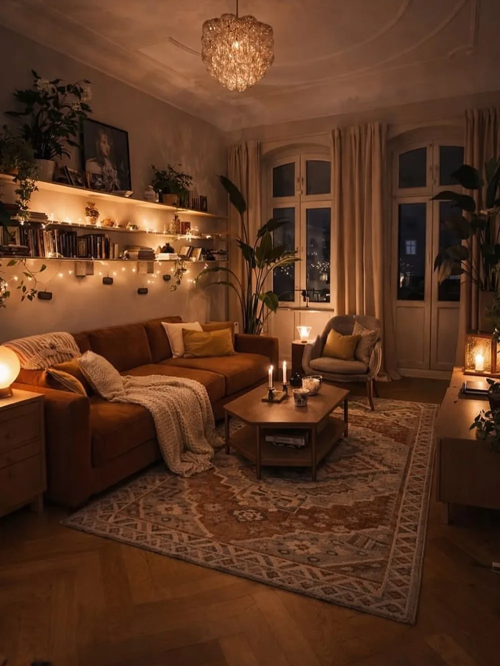 Cozy living room with brown sofa, candles, bookshelves, plants, and warm ambient lighting