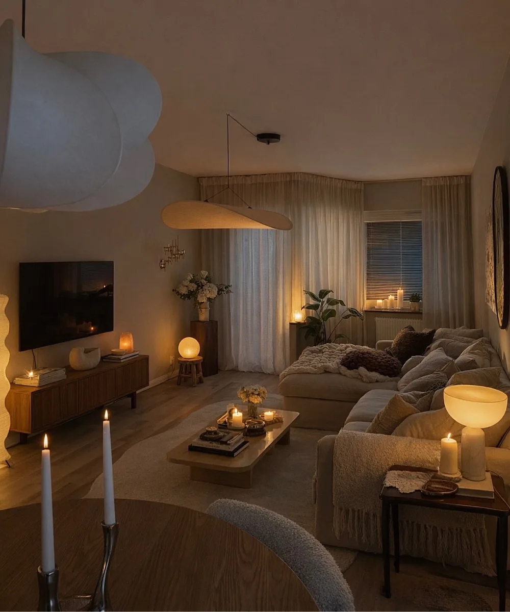Soft neutral living room with sectional sofa, candles, floor lamp, and layered warm lighting
