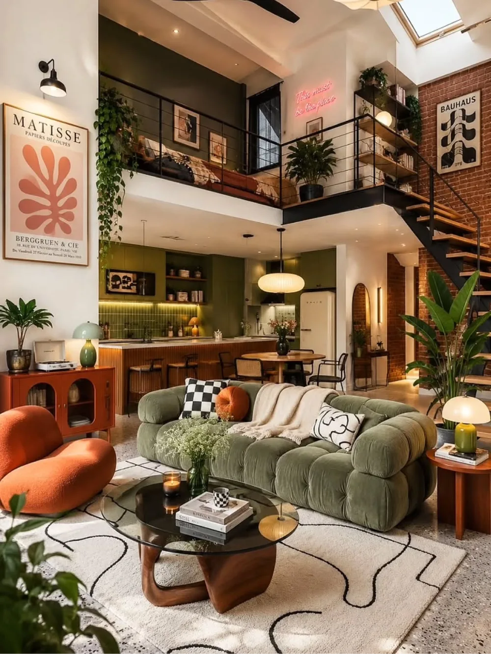 Loft-style living room with green sofa, exposed brick, artwork, plants, and warm lighting