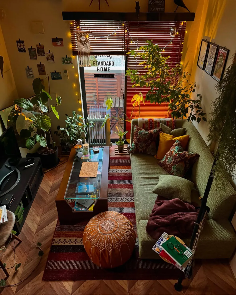 Small cozy living room with a green sofa, colorful pillows, plants, and string lights