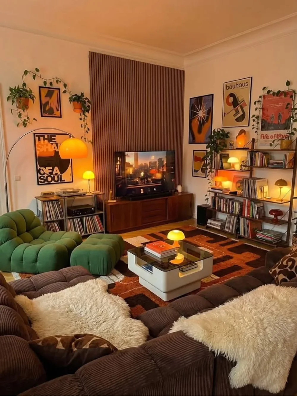 Cozy living room with deep brown sectional, green chairs, bookshelves, and warm table lamps