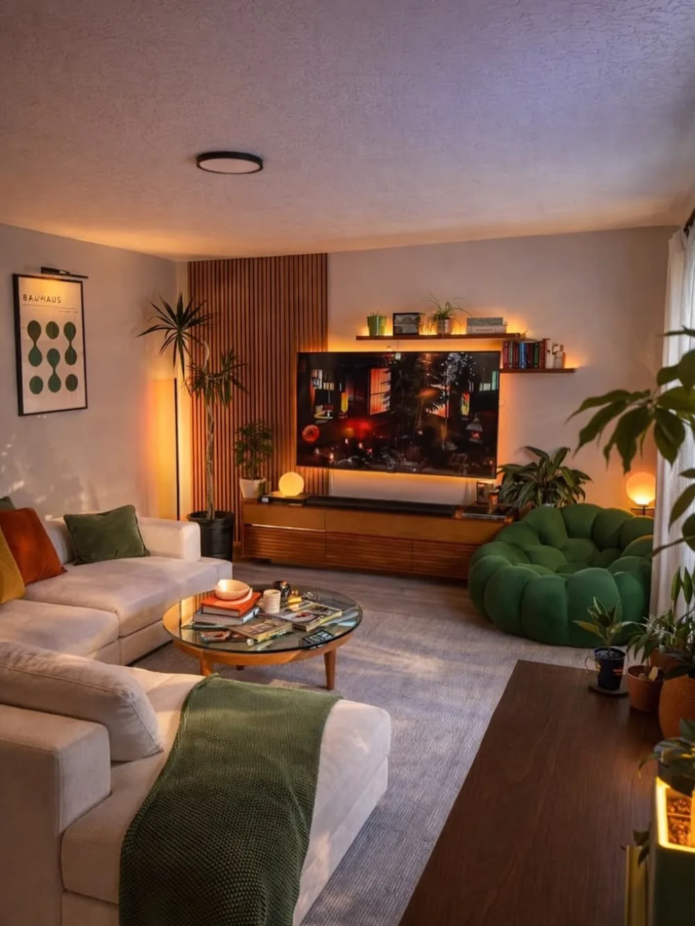 Cozy living room with cream sectional, green lounge chair, plants, and warm TV lighting