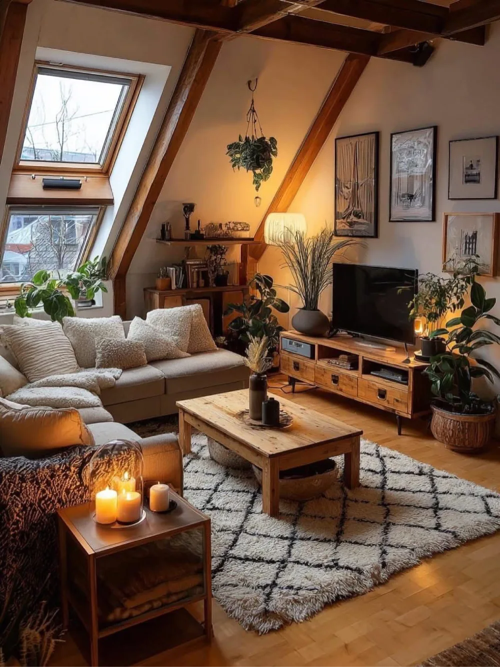 Cozy attic living room with exposed wooden beams, cream sofa, plants, candles, and wood furniture