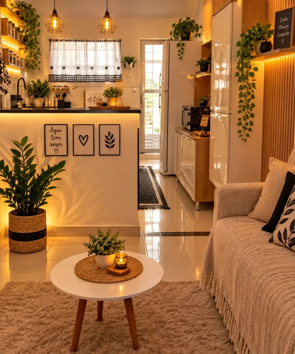 Warm open-plan living room with cream sofa, plants, wood accents, and glowing shelf lighting