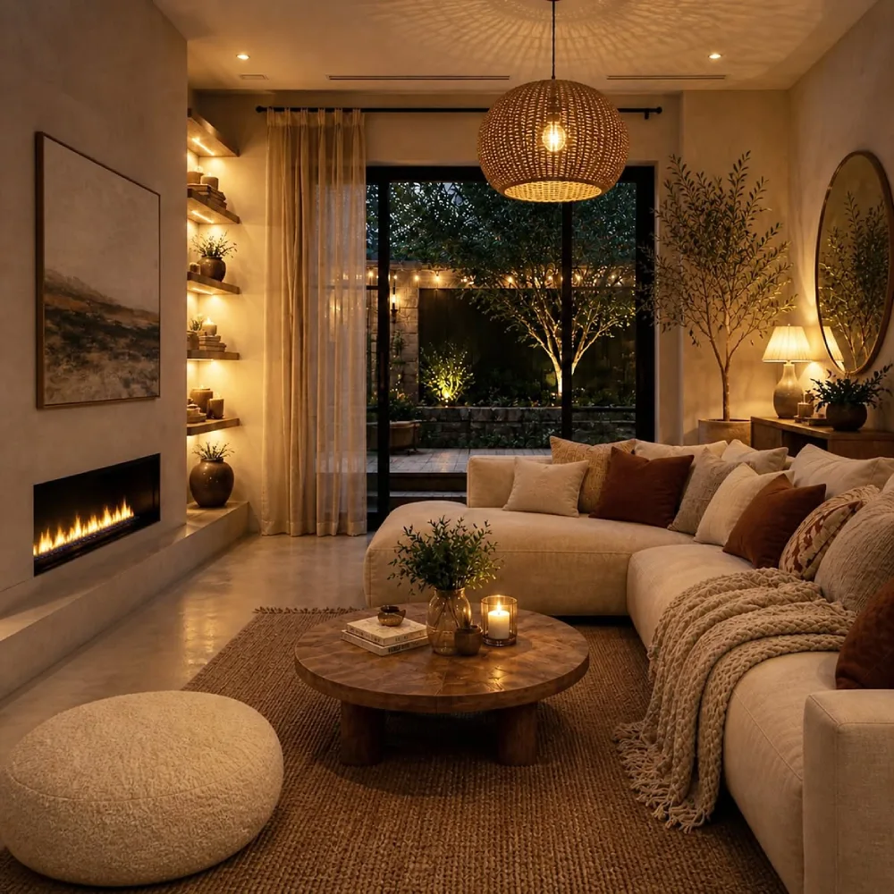 Cozy living room with cream sectional, fireplace, woven pendant light, and garden view
