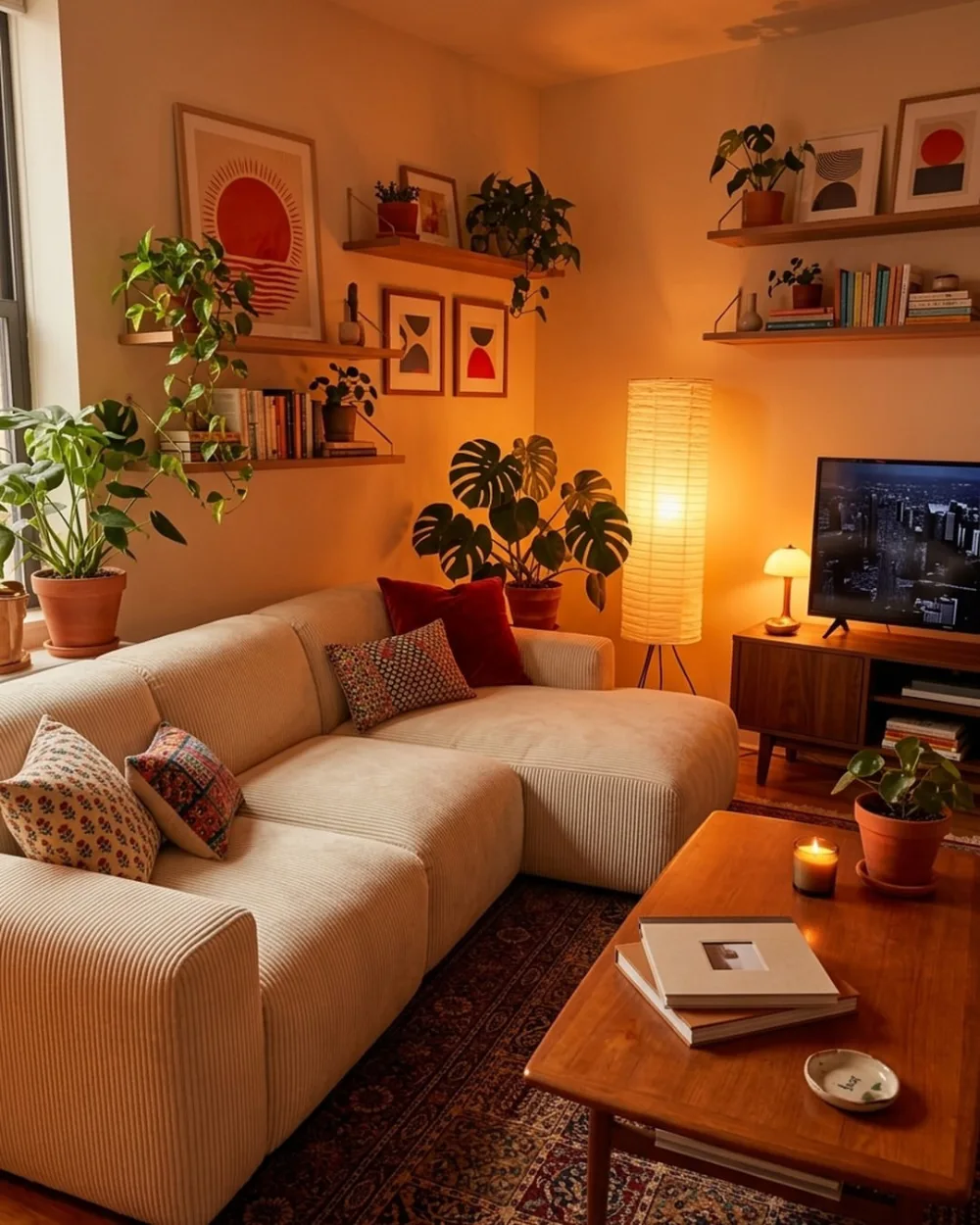 Cozy living room with cream sectional, houseplants, floating shelves, and warm amber lighting