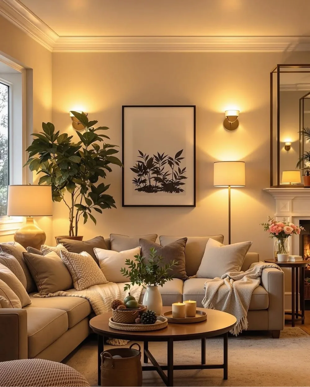 Neutral living room with a large sectional sofa, soft cushions, plants, and warm lamps