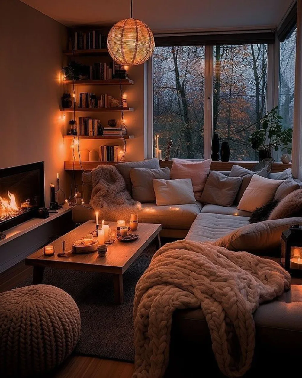 Candlelit living room with a large sectional sofa, chunky knit throws, and warm pendant light