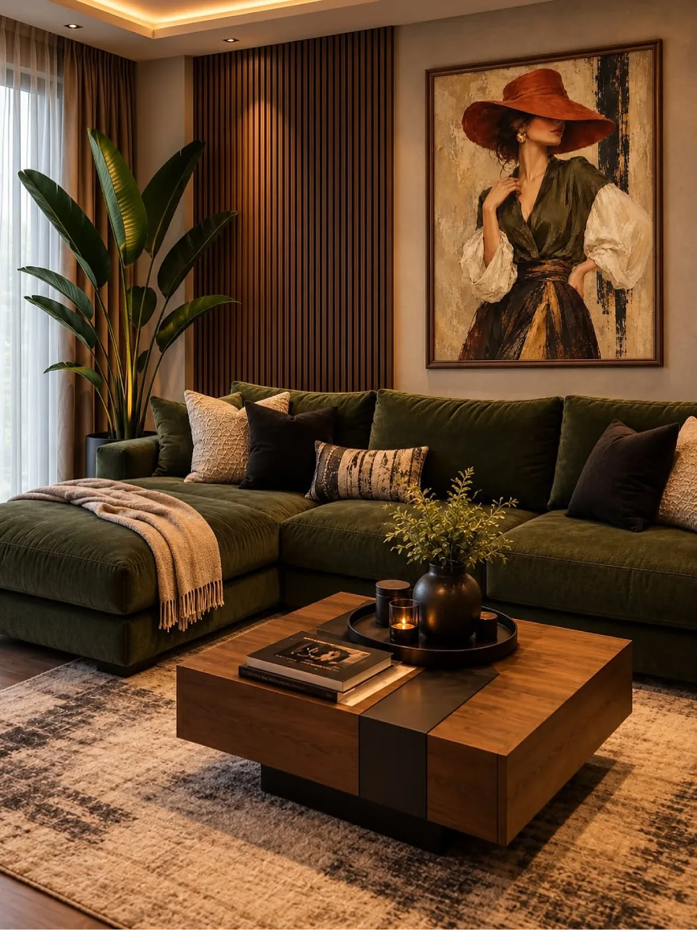 Deep green sectional living room with warm lighting, wood coffee table, plants, and large wall art