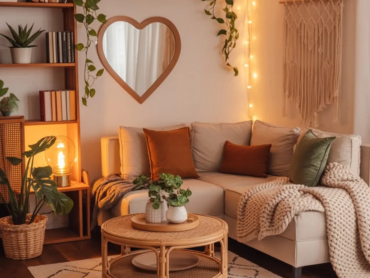 Cozy living room with warm string lights, rattan pendant lamps, a heart-shaped mirror, plants, and a cream sectional sofa.