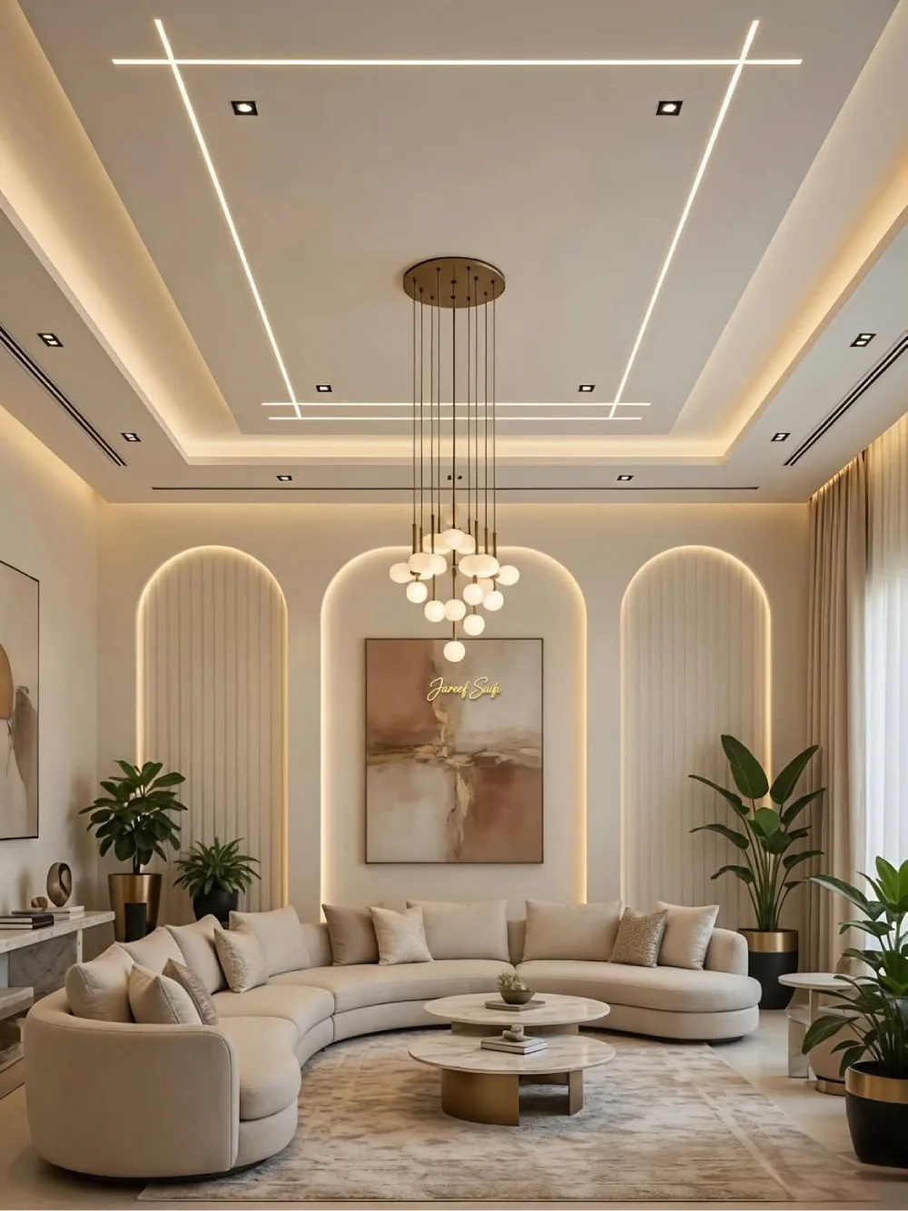 Elegant neutral living room with a curved cream sofa, arched wall panels, layered lighting, and indoor plants