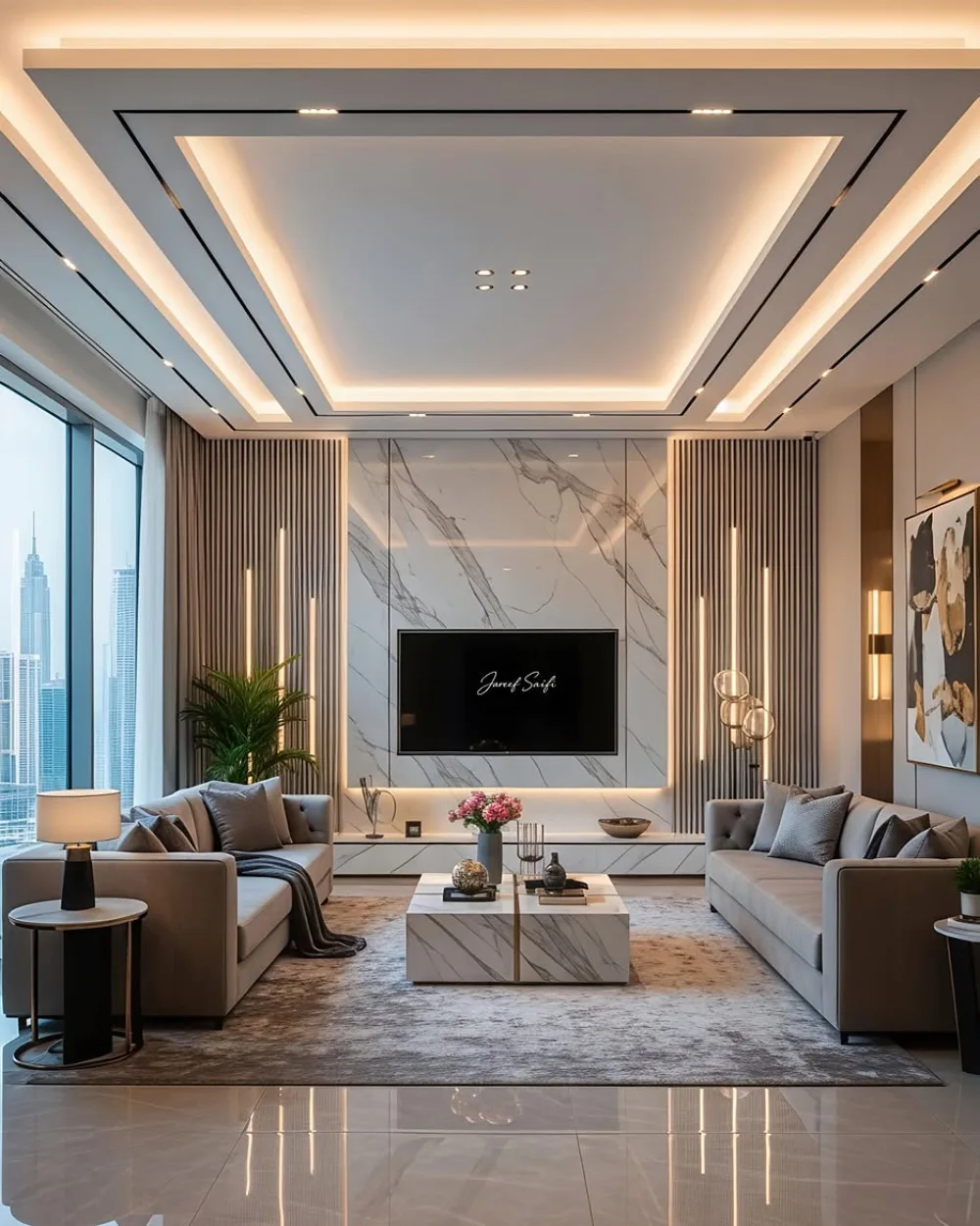 Elegant living room with marble TV feature wall, symmetrical sofas, warm lighting, and city views
