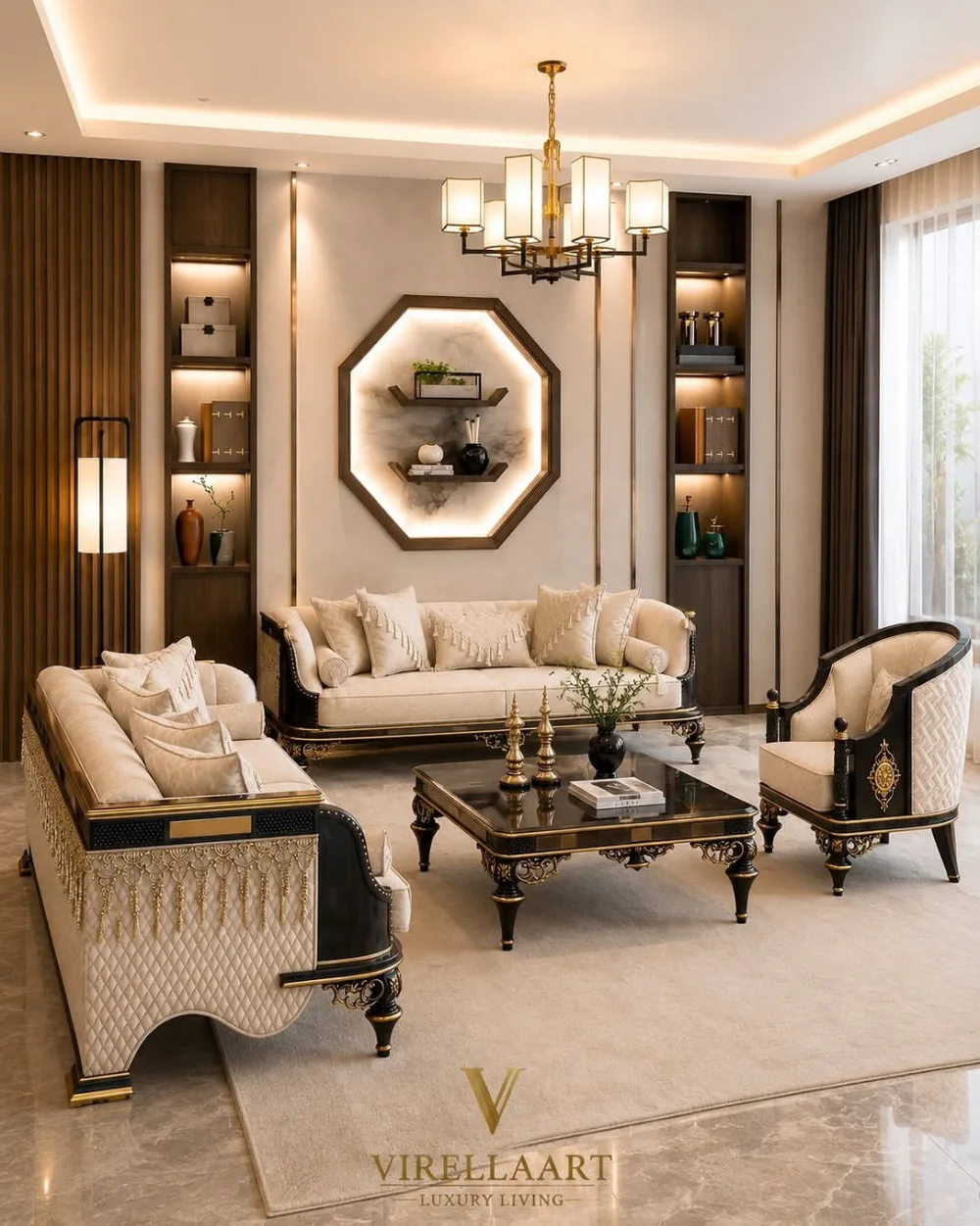 Classic luxury living room with cream sofas, black and gold furniture, built-in shelves, and a statement chandelier