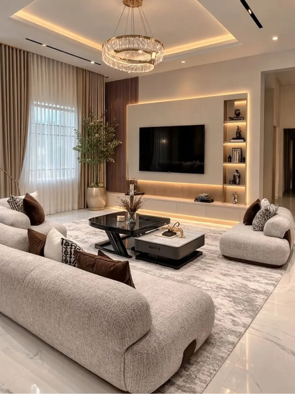 Modern luxury living room with curved cream sofas, illuminated TV wall, crystal chandelier, and warm wood accents