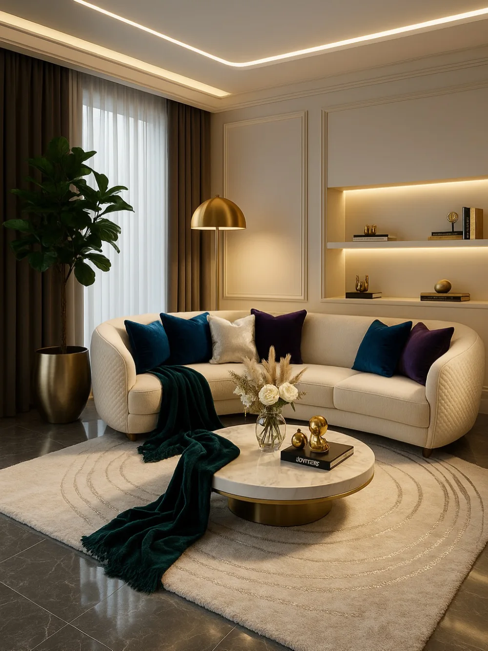 Elegant living room with a cream curved sofa, deep teal and purple pillows, gold lamp, and built-in shelving