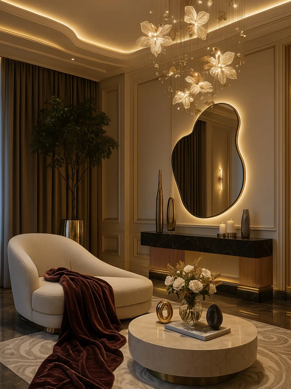 Moody luxury sitting room with a sculptural cream chair, backlit organic mirror, black console, and floral chandelier