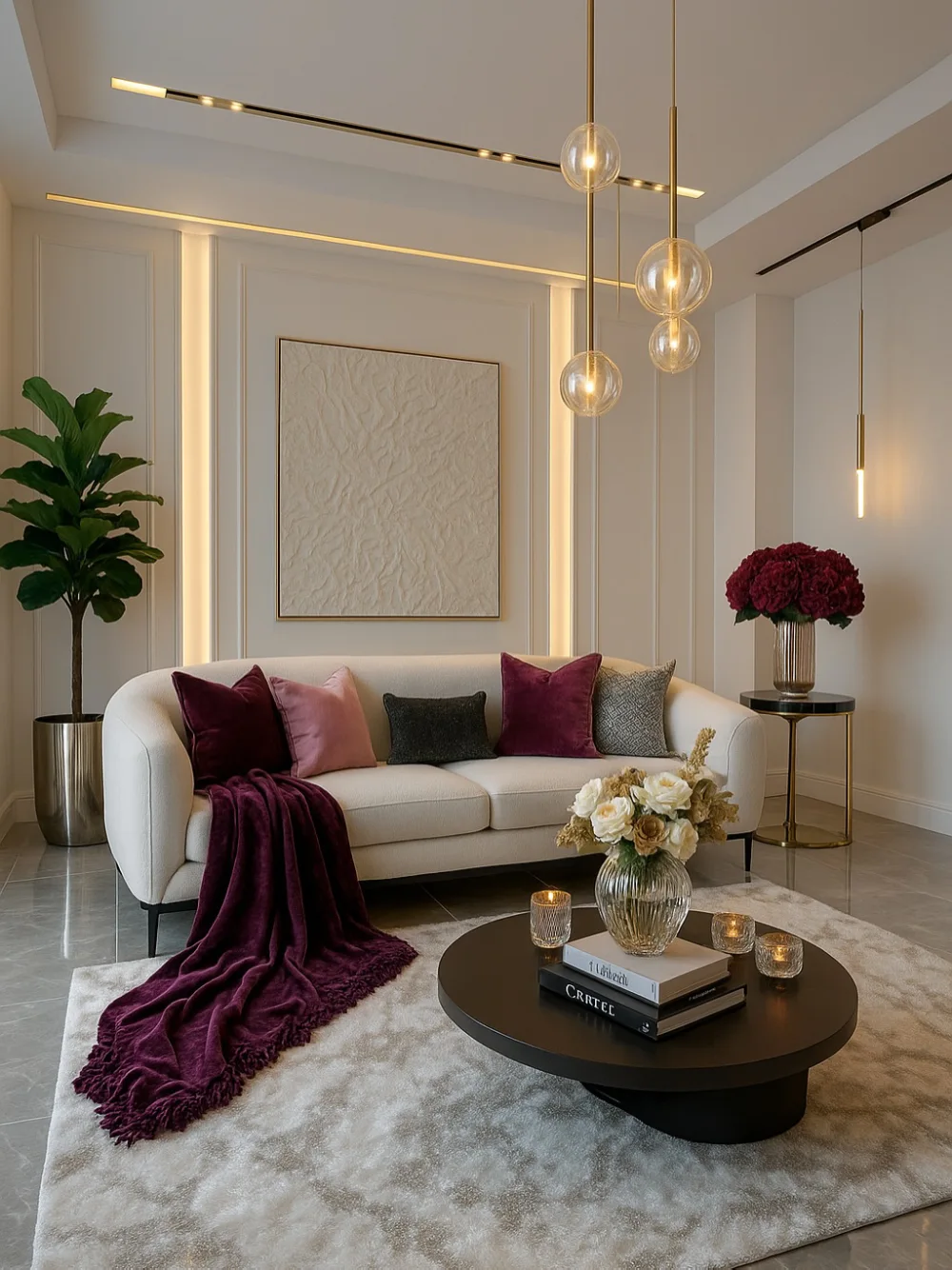Elegant cream living room with burgundy and blush pillows, round black coffee table, and warm pendant lights