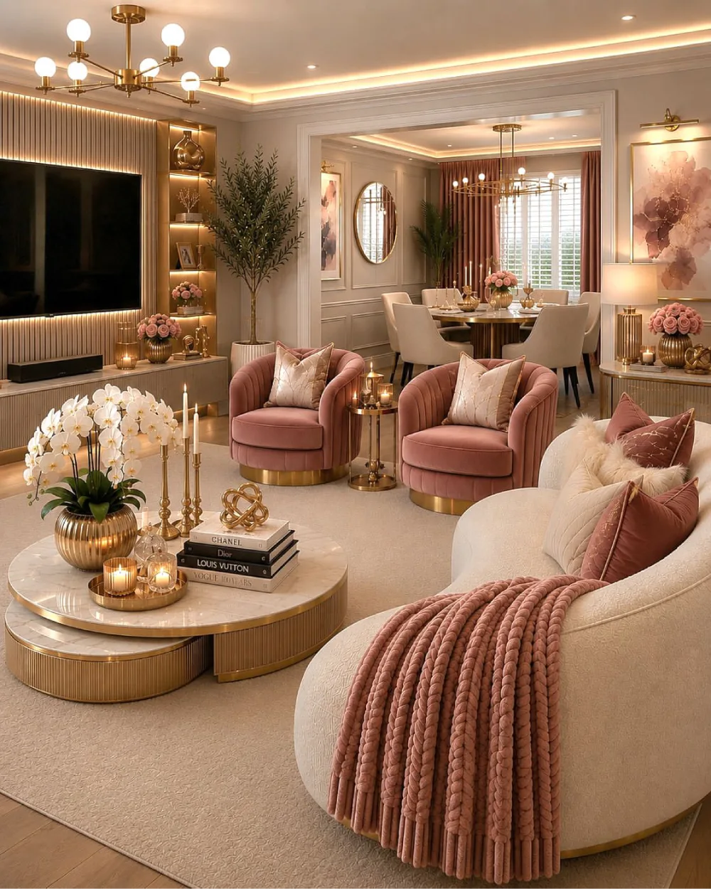 Luxury blush pink living room with gold accents, curved chairs, marble coffee table, and elegant lighting